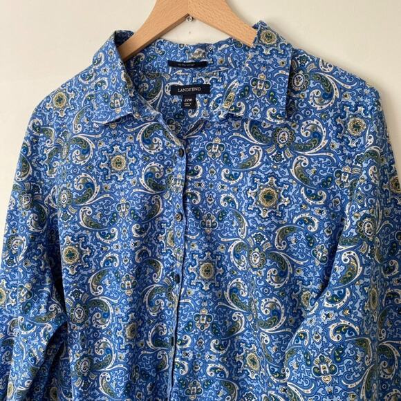 Lands End Women Paisley Button Up Top Size 22W No Iron Supima Boho Office Career - Picture 2 of 9